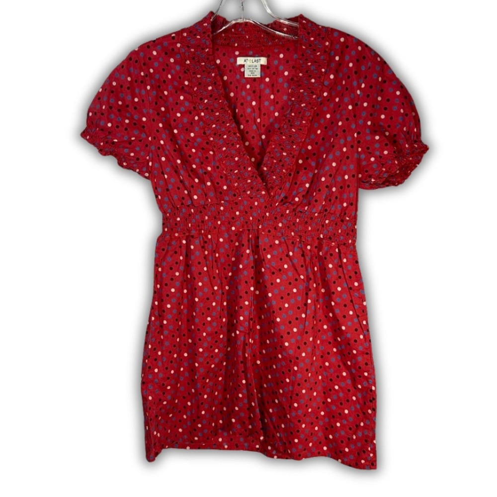 Y2K Red Polka Dot Babydoll Tunic Top Puff Sleeve V Neck Retro 2000s Size M